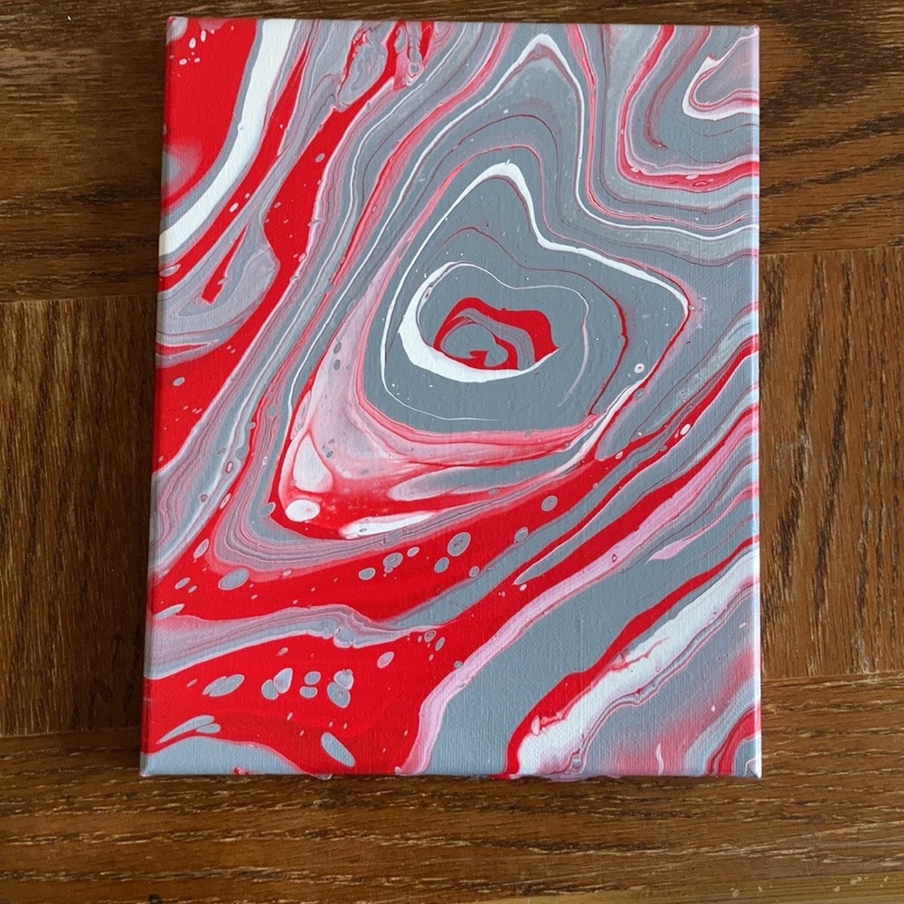 Handmade pour painting art NEW red grey white 8”x10”